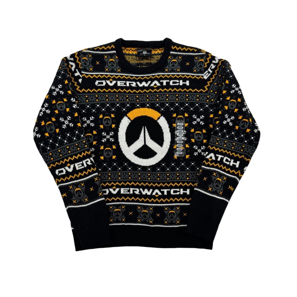 Men's Overwatch Holiday Ugly Christmas Sweater Black Gold Fair Isle Logo Size L
